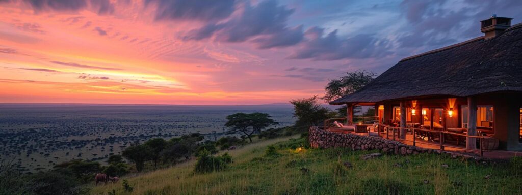 a breathtaking landscape captures a vibrant tanzanian lodge safari where explorers observe majestic wildlife, including a black rhinoceros and impala, under a brilliant sunset sky, emphasizing the thrill of adventure and the beauty of nature.