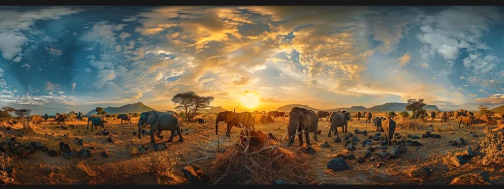 a breathtaking panorama captures a vibrant sunset over ruaha national park, where majestic herds of african elephants roam beneath a golden sky, embodying the essence of a wildlife safari adventure before transitioning to the serene beach landscapes of zanzibar.