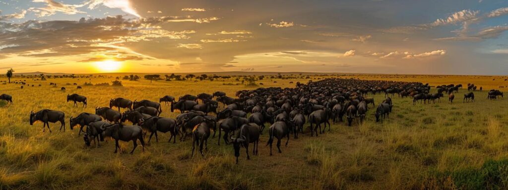 a breathtaking panorama captures tanzania's vast serengeti under a vibrant sunset, where a diverse herd of wildlife roams freely amidst sprawling golden grasslands, inviting travelers on safari to immerse themselves in the rich biodiversity of this iconic landscape.