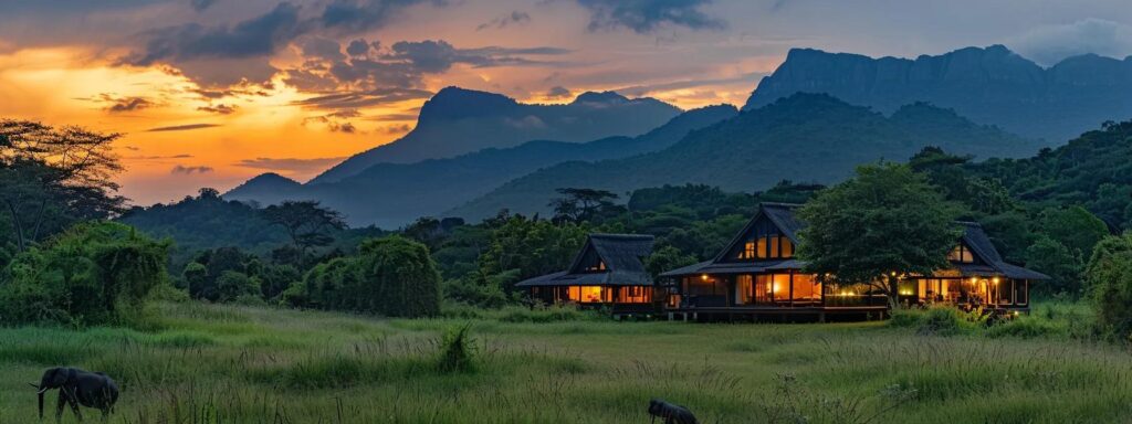 a breathtaking panorama of the udzungwa mountains national park at dusk, with a majestic safari lodge nestled among lush greenery as wildlife grazes nearby under a golden sky.