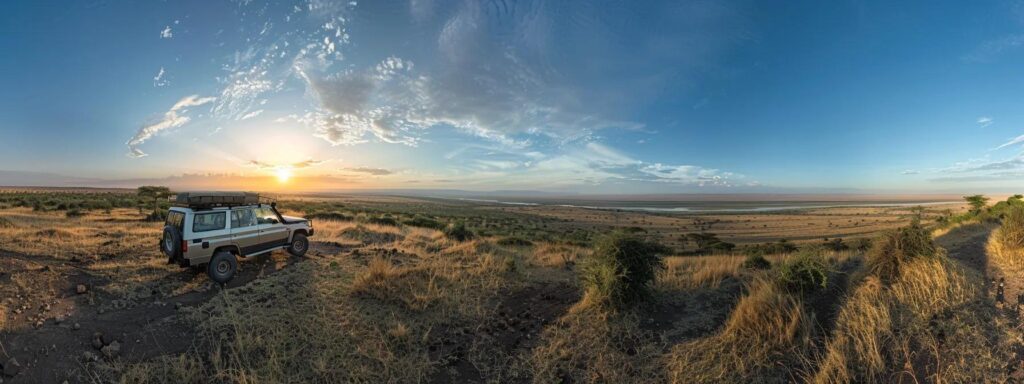 a breathtaking panoramic view of a vibrant tanzanian landscape, showcasing expansive serengeti plains under a brilliant sunset, with a safari vehicle in the foreground, capturing the essence of adventure and cultural richness amidst the shimmering shadows of acacia trees.