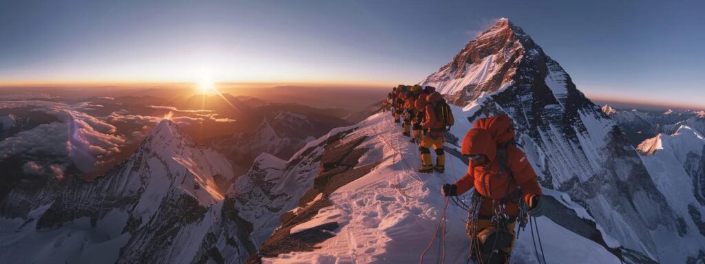 a breathtaking panoramic view of climbers ascending the icy slopes of mount everest, bathed in the golden light of dawn, showcasing the majestic granite peaks towering against a clear blue sky.