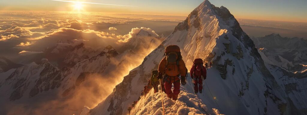 a breathtaking panoramic view of climbers ascending the majestic slopes of mount everest, with towering snow-capped peaks and dramatic clouds enveloping the summit, bathed in the warm glow of sunrise.