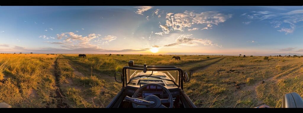 a breathtaking panoramic view of a vibrant tanzanian savanna at sunset, teeming with majestic wildlife, as eager travelers observe from a stylish safari vehicle, embodying the thrill of adventure and exploration.