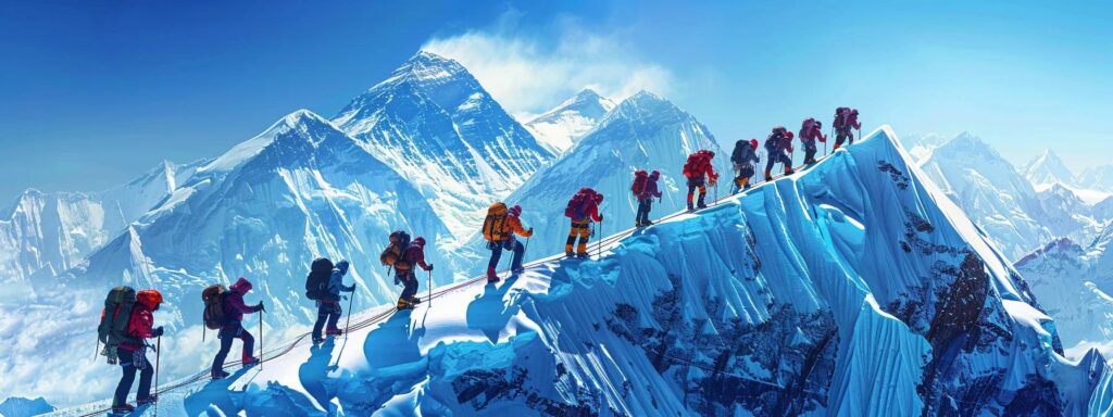 a breathtaking panoramic view of climbers traversing the icy slopes of mount everest, with the jagged peaks of ama dablam looming majestically in the background under a clear blue sky, capturing the challenging essence of high-altitude exploration.