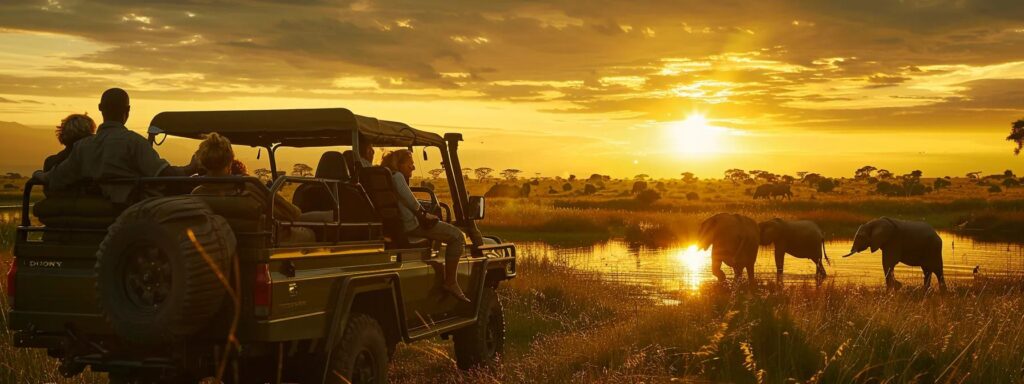 a breathtaking sunset casts a golden glow over a vibrant african landscape, where a diverse group of travelers marvels at majestic elephants and graceful antelope roaming freely during a tanzania lodge safari.