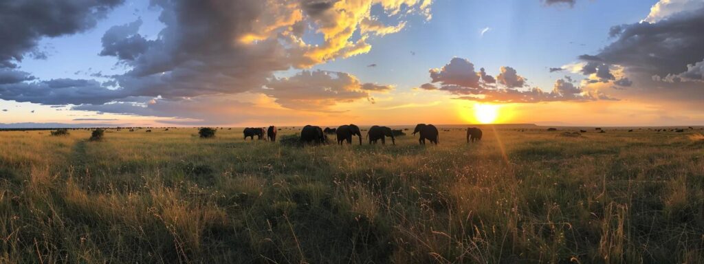 a breathtaking sunset illuminates the expansive grasslands of tanzania, where travelers gaze in awe at a majestic herd of elephants silhouetted against the vibrant horizon, capturing the essence of adventure and connection with nature.