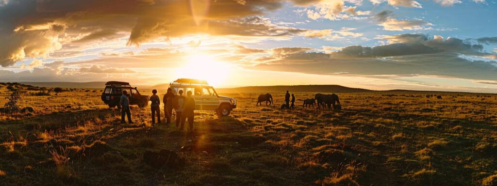 a breathtaking sunset illuminates a vast tanzanian savanna, where a diverse group of wildlife enthusiasts gathers around a safari vehicle, sharing their stories and marveling at the majestic elephants grazing in the golden light.