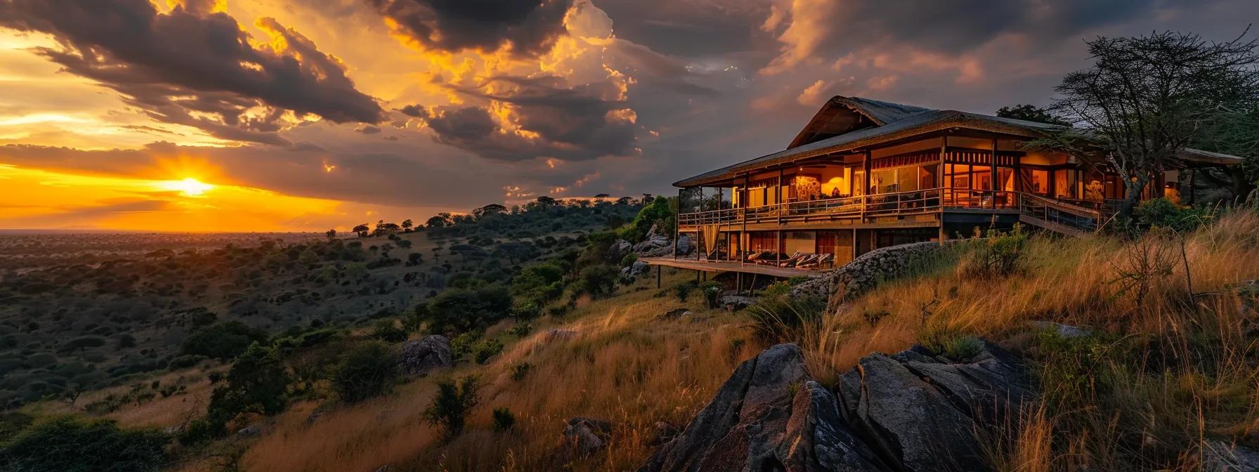 a breathtaking sunset illuminates the golden savannah of tanzania, where travelers enjoy a luxurious safari experience amidst the majestic wildlife, with a cozy lodge nestled in the background.