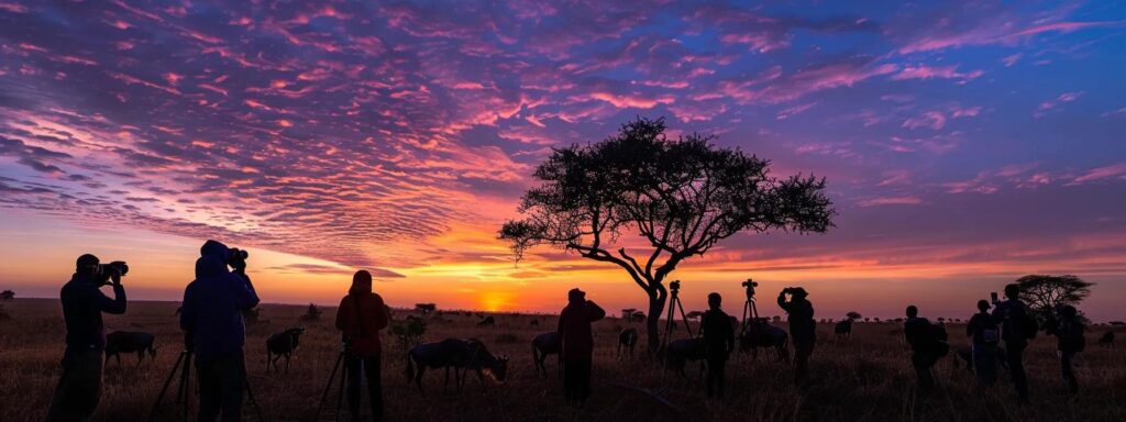 a breathtaking sunset over the serengeti captures a migrating herd of wildebeest, with silhouettes of photographers poised in the foreground, embodying the essence of tanzania's vibrant wildlife experience.