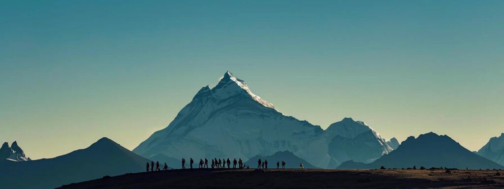 a breathtaking view of mount everest looms majestically against a clear blue sky, its towering peak dusted with pristine snow, while adventurers gather at its base, silhouetted against the rugged terrain of the himalayas.