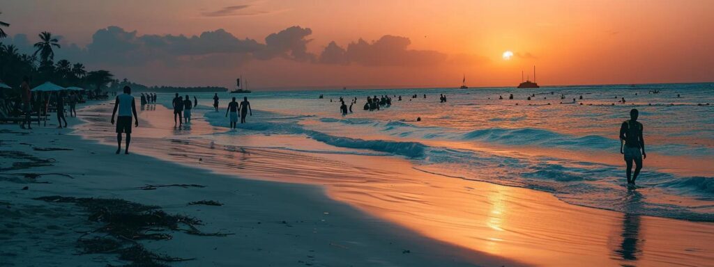 a breathtaking view of zanzibar's pristine beach at sunset, where vibrant golden sands meet the turquoise ocean and gentle waves, with silhouettes of tourists exploring the shoreline against a backdrop of palm trees and distant safaris in the lush wilderness.