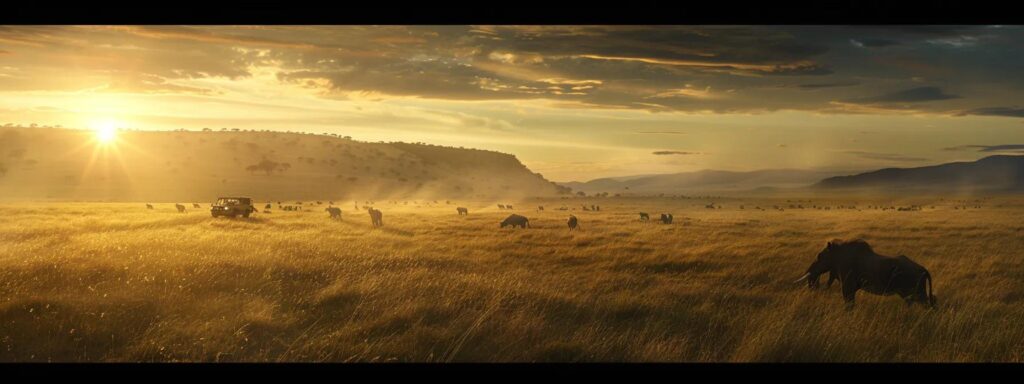 a breathtaking vista of the serengeti at sunrise, showcasing a vibrant landscape teeming with majestic animals, as a safari vehicle quietly observes a stunning migration in motion.