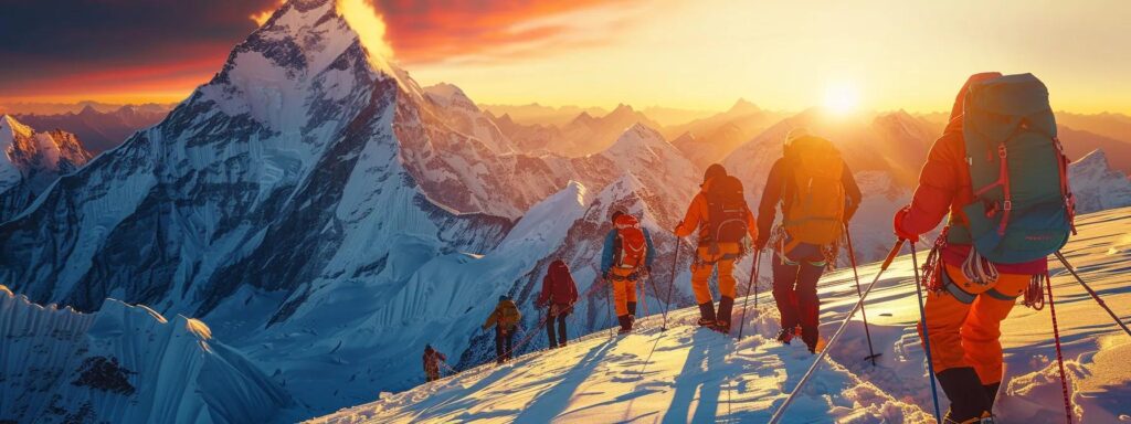 a group of climbers, equipped with vibrant gear and ropes, navigate the treacherous icy slopes of mount everest under a dazzling sunrise, with towering peaks in the background and a sense of determination in the air.