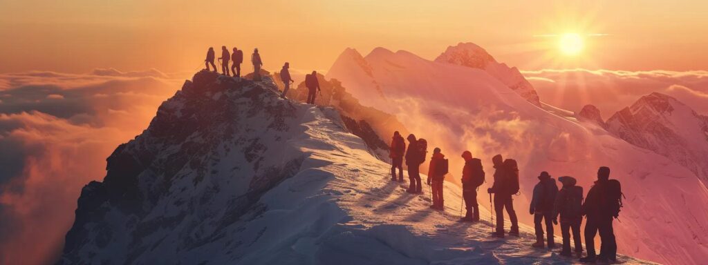 a group of climbers stands triumphantly at the breathtaking summit of mount everest, gazing contemplatively at the vast, snow-covered landscape, illuminated by the soft, golden light of sunrise, capturing the essence of achievement and reflection on their arduous journey.