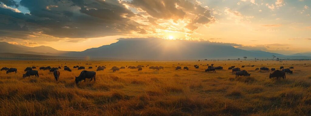 a panoramic view of a vibrant tanzanian landscape, teeming with majestic wildlife grazing under the warm golden light of sunset, with the imposing silhouette of mount kilimanjaro in the background.