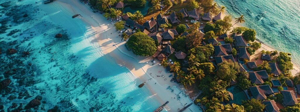 a stunning beach resort in zanzibar with luxurious palm-fringed bungalows overlooking crystal-clear turquoise waters, capturing the essence of an idyllic tropical getaway.