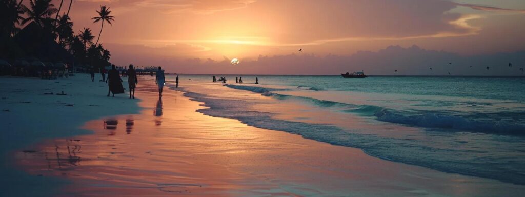 a stunning sunset over zanzibar's pristine beach, with soft waves lapping at the shore and silhouettes of travelers enjoying a peaceful moment, embodying the perfect blend of adventure and relaxation in this exotic paradise.