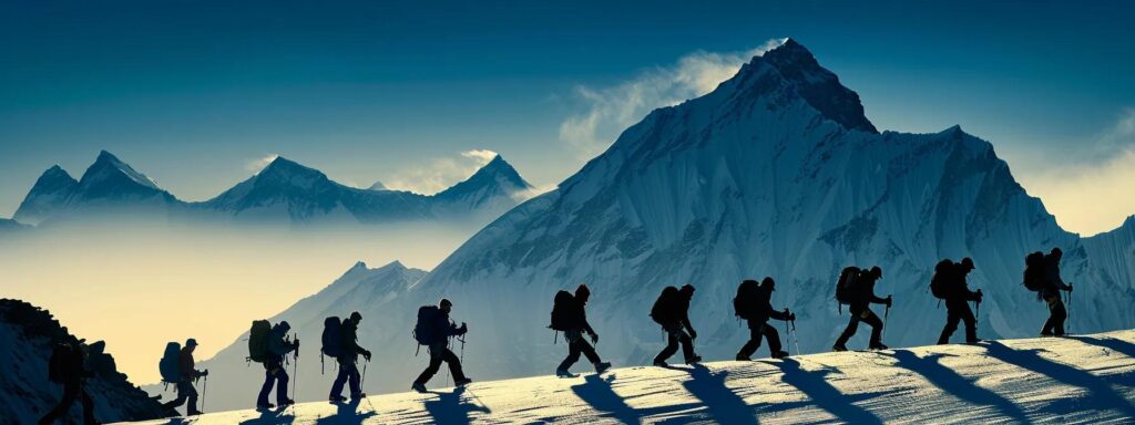 a team of climbers, focused and determined, silhouetted against the majestic snow-capped peaks of mount everest, embodying the spirit of adventure and preparation in the harsh, glistening sunlight.