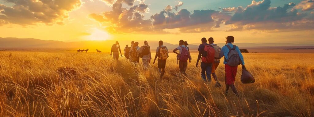 a vibrant group of travelers immersed in a breathtaking maasai mara landscape, engaging in a unique cultural experience with local communities under the warm golden light of sunset.