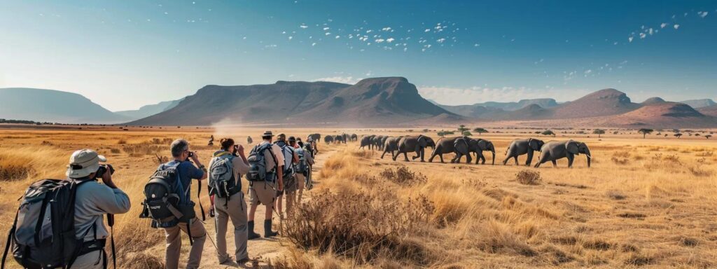 a vibrant group of travelers eagerly gazes at a herd of elephants crossing a sunlit savannah, framed by the majestic backdrop of distant mountains and a clear blue sky, capturing the essence of adventure and camaraderie in the wild.