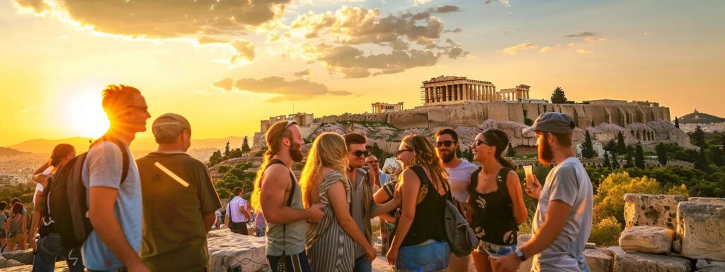 a vibrant group of travelers, immersed in the rich cultural tapestry of athens, share laughter and stories against a backdrop of ancient ruins, basking in the golden glow of a sunset that enhances their unforgettable safari adventure.