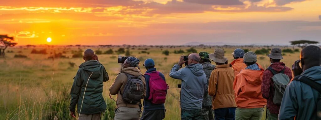 a vibrant safari scene in tanzania captures a diverse group of travelers observing majestic wildlife against the backdrop of a stunning sunset, evoking the rich cultural tapestry and health considerations necessary for a memorable adventure.