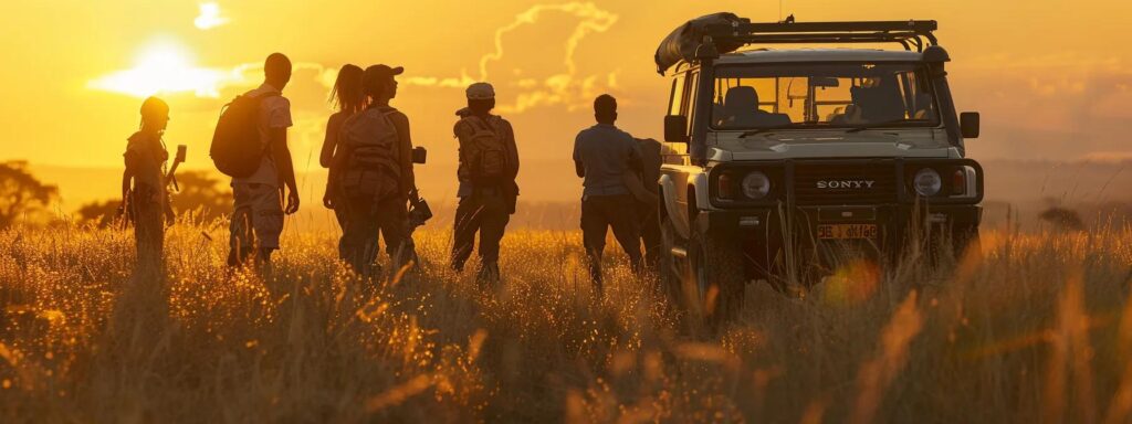 a vibrant safari scene showcases a diverse group of enthusiastic travelers observing majestic wildlife against the stunning backdrop of ruaha national park, bathed in warm golden light during the golden hour.