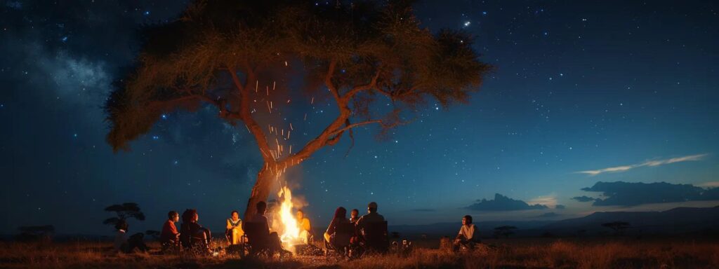 a vibrant scene captures diverse travelers sharing laughter and stories around a campfire under a starry tanzanian sky, illustrating the joy of budget-friendly safari adventures amidst the breathtaking wilderness.