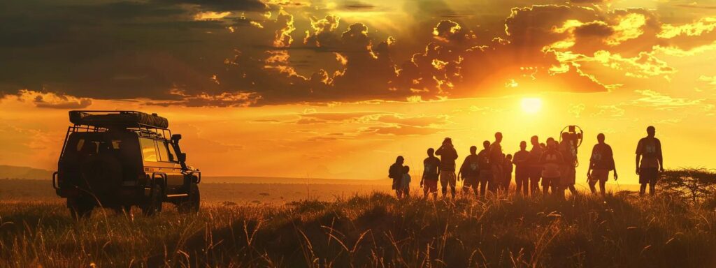 a vibrant scene capturing a diverse group of travelers engrossed in an exhilarating budget safari in tanzania, surrounded by majestic wildlife under the glowing golden sunset, showcasing the essence of adventure and cultural richness in the heart of the african savannah.