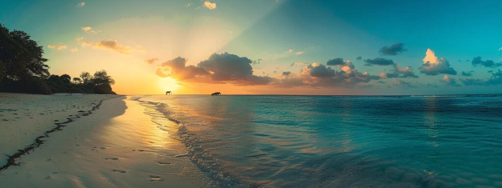 a vibrant scene depicting a breathtaking tanzania safari with majestic elephants roaming the golden savannah under a brilliant sunset, transitioning to the tranquil turquoise waters and pristine white sands of zanzibar’s serene beach.