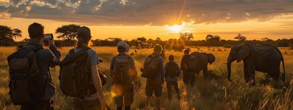 a vibrant sunset casts golden light over a vast savannah, where majestic elephants roam alongside a group of excited safari-goers observing the breathtaking wildlife during a two-day tanzania safari adventure.