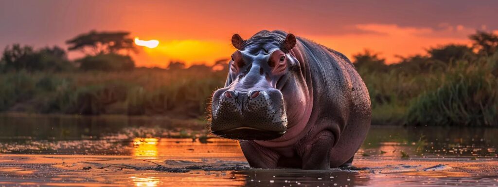 a vibrant sunset casts golden hues over a bustling maasai mara landscape, where diverse wildlife, including majestic hippopotamuses near the river, embodies the spirit of tanzania's budget safari adventure.