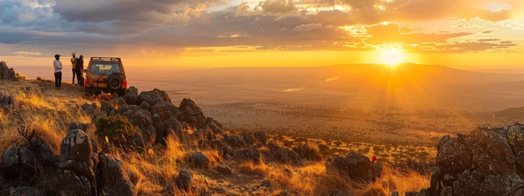 a vibrant sunset casts golden hues over the ngorongoro conservation area, where a diverse group of people joyfully observes wildlife from a rugged safari vehicle amidst tanzania's breathtaking landscapes.