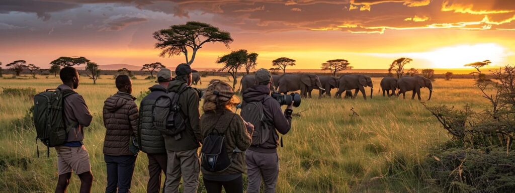 a vibrant sunset casts golden hues over the african savannah, highlighting a diverse group of travelers in rugged safari attire, eagerly observing a herd of majestic elephants traversing the landscape near the iconic silhouettes of acacia trees.