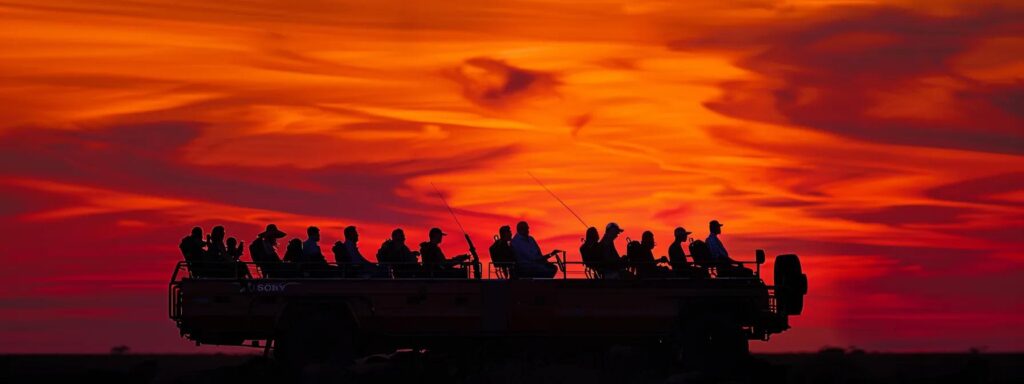 a vibrant sunset illuminates a group of travelers on a safari vehicle, marveling at the majestic wildebeest migration across the savannah in northern italy, embodying the essence of effective trip planning with group tour coordinators.