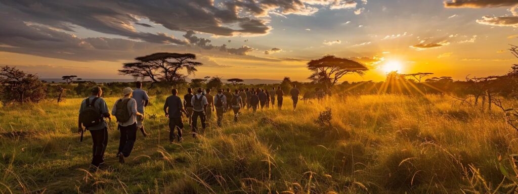 a vibrant sunset illuminates a group of travelers engaging in a guided safari walk through the lush tanzanian wilderness, surrounded by diverse wildlife and stunning landscapes that enhance their adventurous experience.