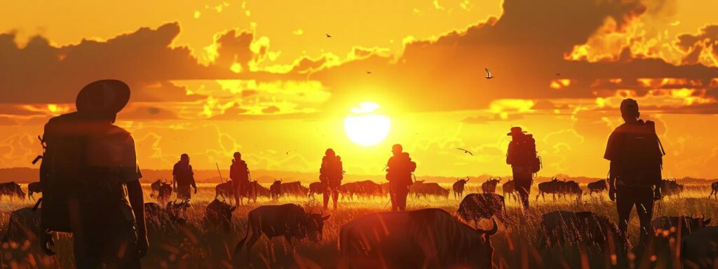 a vibrant sunset in the serengeti reveals a thrilling scene of a diverse group of travelers observing a massive herd of wildebeest migrating across the golden grasslands, with silhouettes of acacia trees dotting the horizon.