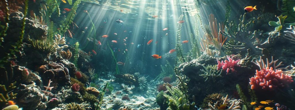 a vibrant underwater scene showcasing a diverse array of marine life beneath the crystal-clear waters of zanzibar, illuminated by dappled sunlight filtering through the surface, capturing the essence of adventure and exploration in a tropical paradise.