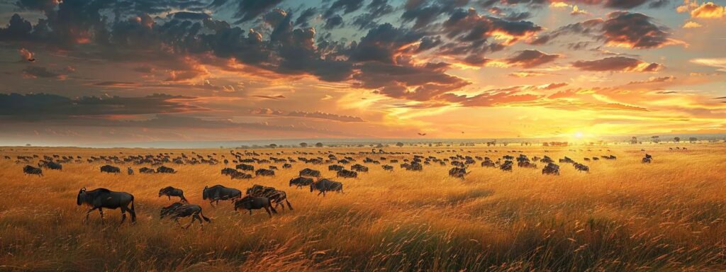 a breathtaking vista of tanzania's serengeti national park showcases a dramatic wildlife migration at sunset, with an array of majestic animals gracefully moving across golden grasslands beneath a vibrant, painted sky.