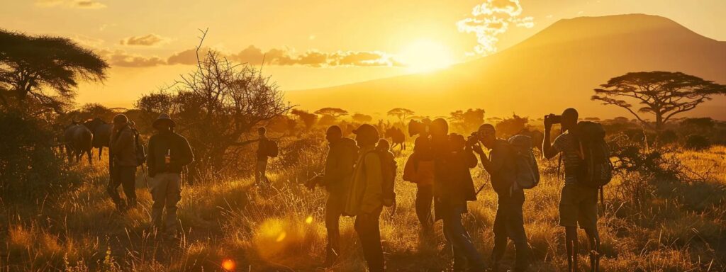 a vibrant group of travelers joyfully capturing memories together during a safari at sunset, surrounded by the striking wildlife of kilimanjaro national park, with warm golden light illuminating their laughter and connection.