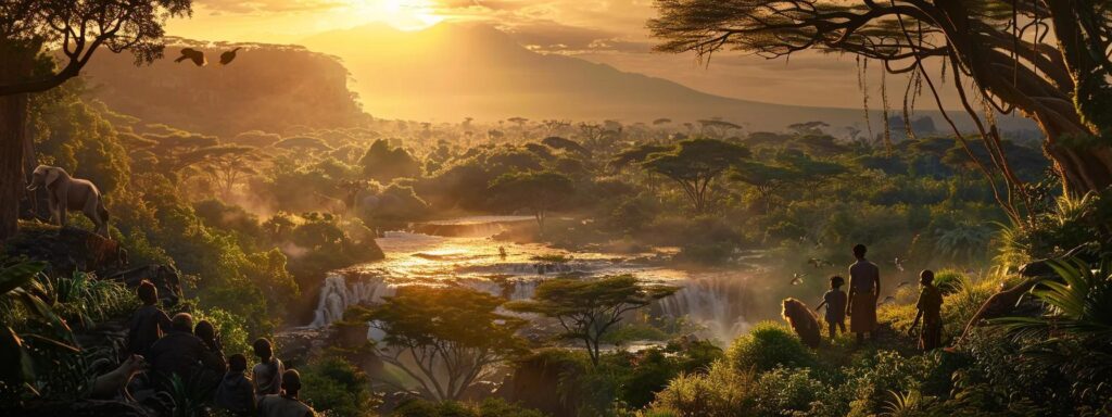 a vibrant safari scene in tanzania showcases a family marveling at breathtaking wildlife amidst lush tropical landscapes, capturing the essence of adventure and cultural richness.