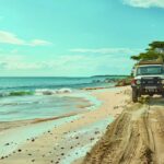 a vibrant zanzibar beach scene captures the sun-drenched shoreline with turquoise waters, where visitors savor the tropical paradise while nearby, a safari truck ventures through the lush landscapes, hinting at adventure beyond the coast.