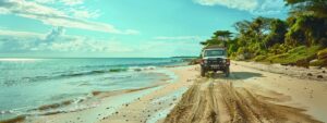 a vibrant zanzibar beach scene captures the sun-drenched shoreline with turquoise waters, where visitors savor the tropical paradise while nearby, a safari truck ventures through the lush landscapes, hinting at adventure beyond the coast.